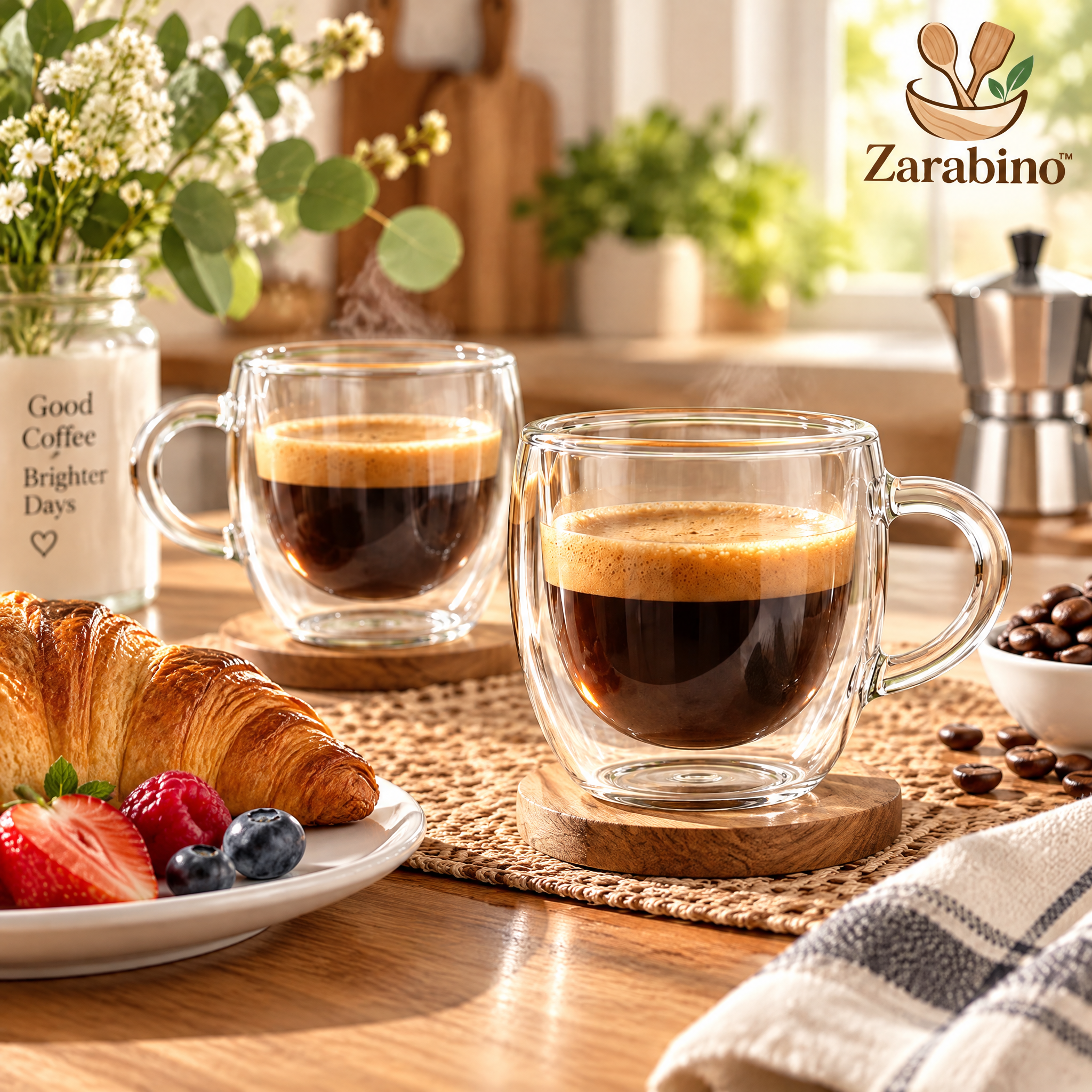 Zarabino™ Double-Wall Espresso Cups shown in an everyday setting