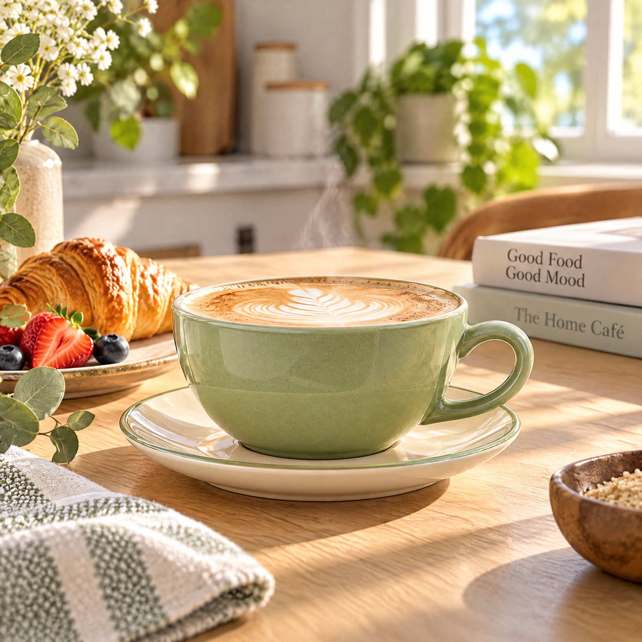Zarabino™ Sage Teacup and Saucer shown in an everyday setting