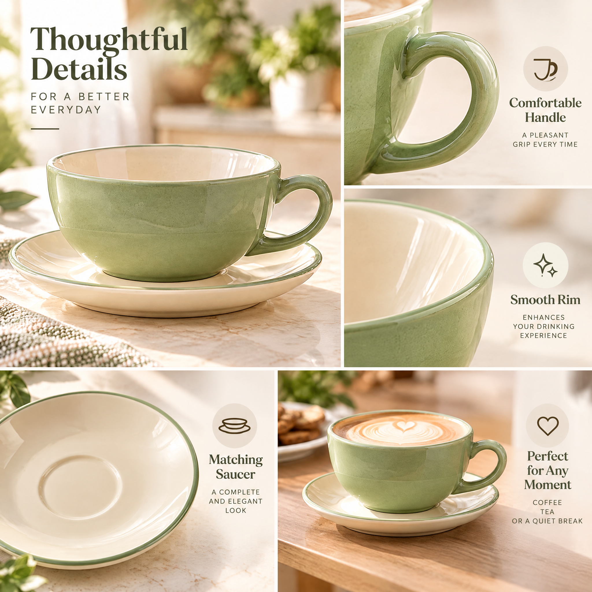 Zarabino™ Sage Teacup and Saucer design details
