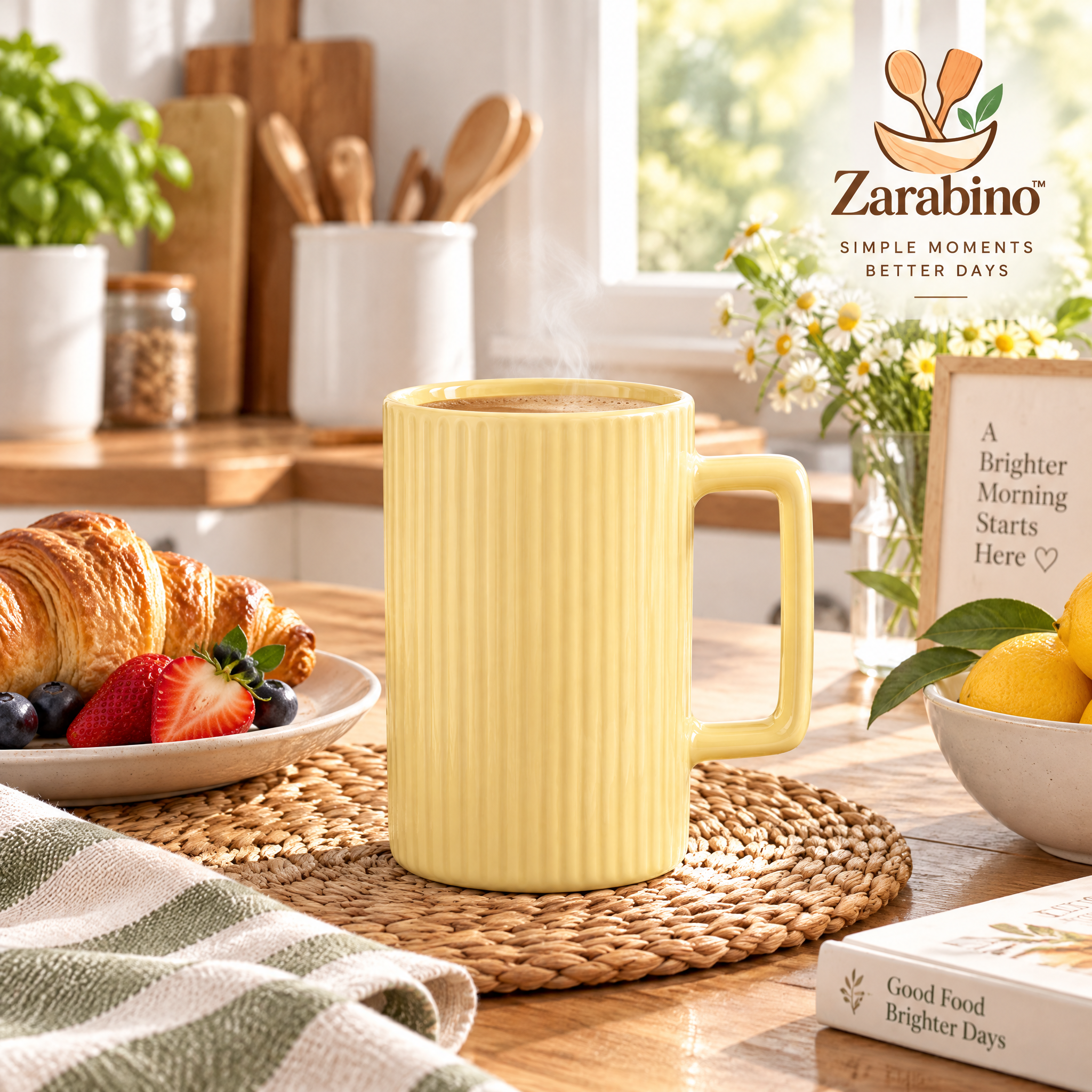 Zarabino™ Butter Yellow Latte Mug shown in an everyday setting